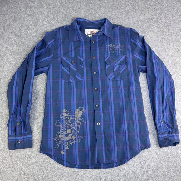 Ed Hardy Other - Vintage Y2K Ed Hardy Mens Blue Plaid Born To Win Embroidered Skull Shirt L